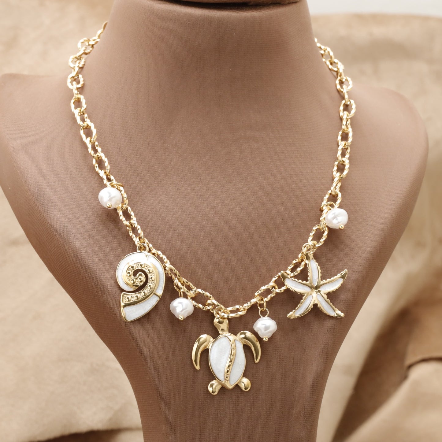 Gold & White Ocean Charm Necklace with Turtle Starfish Shell & Pearl K10