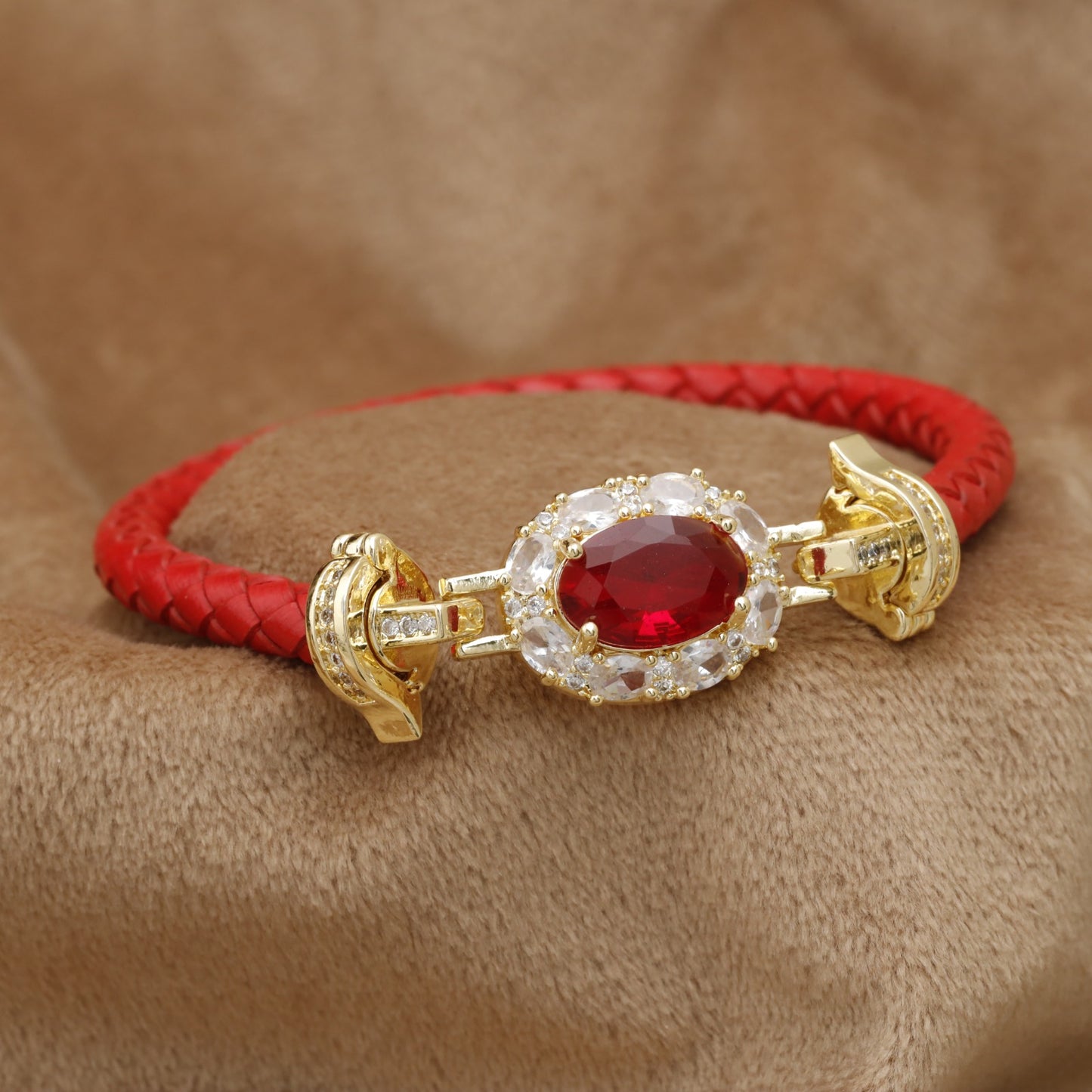 Red Braided Leather Bracelet Gold Ruby Crystal Clasp KAR37 – إسوارة جلد أحمر ياقوت
