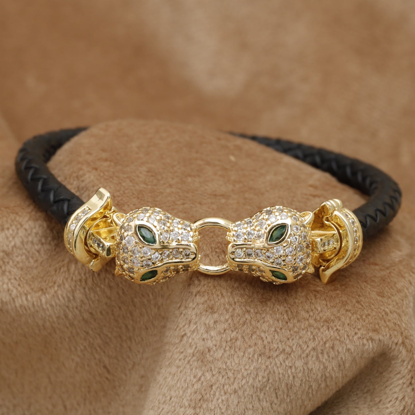 Black Braided Leather Bracelet Gold Double Panther Head Crystal Clasp KAR40 – إسوارة جلد أسود فهد
