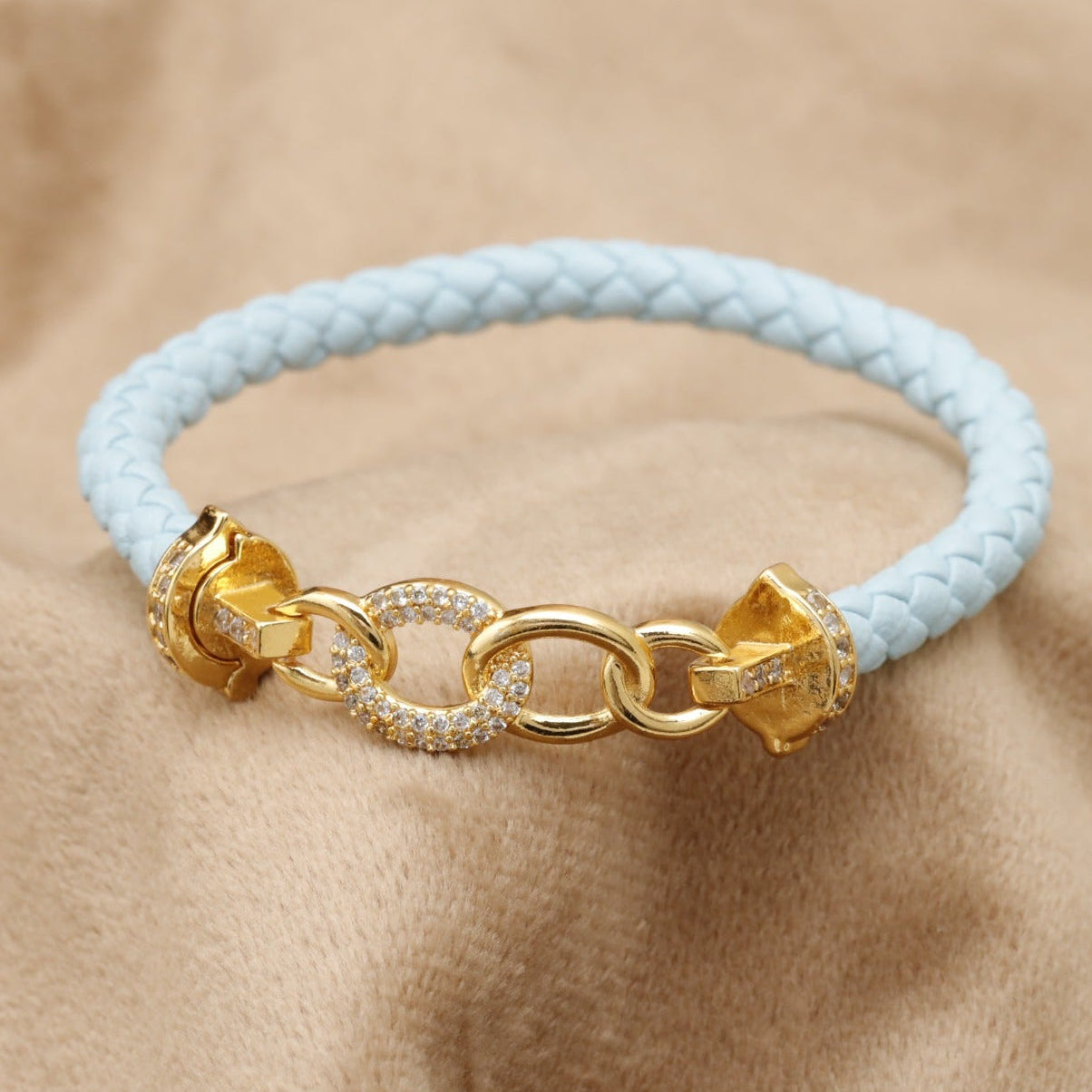 Light Blue Braided Leather Bracelet Gold Crystal Chain Panther Clasp KAR52 – إسوارة جلد أزرق فهد