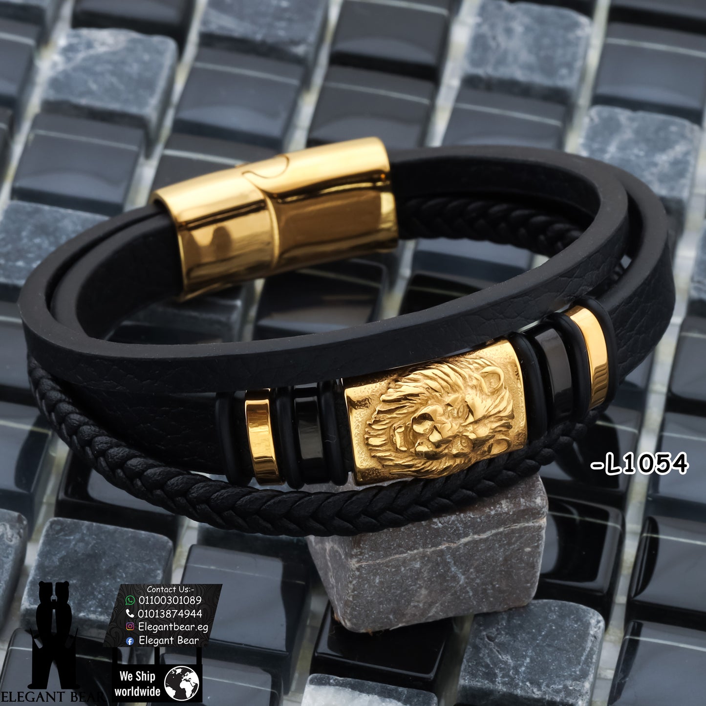 Premium Genuine Leather Bracelet with Gold Lion Pattern L1054