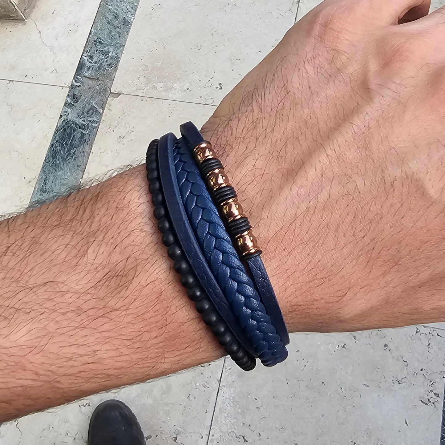 Chic Design Blue Genuine Leather Rose Gold Stainless Steel Bracelet L1242