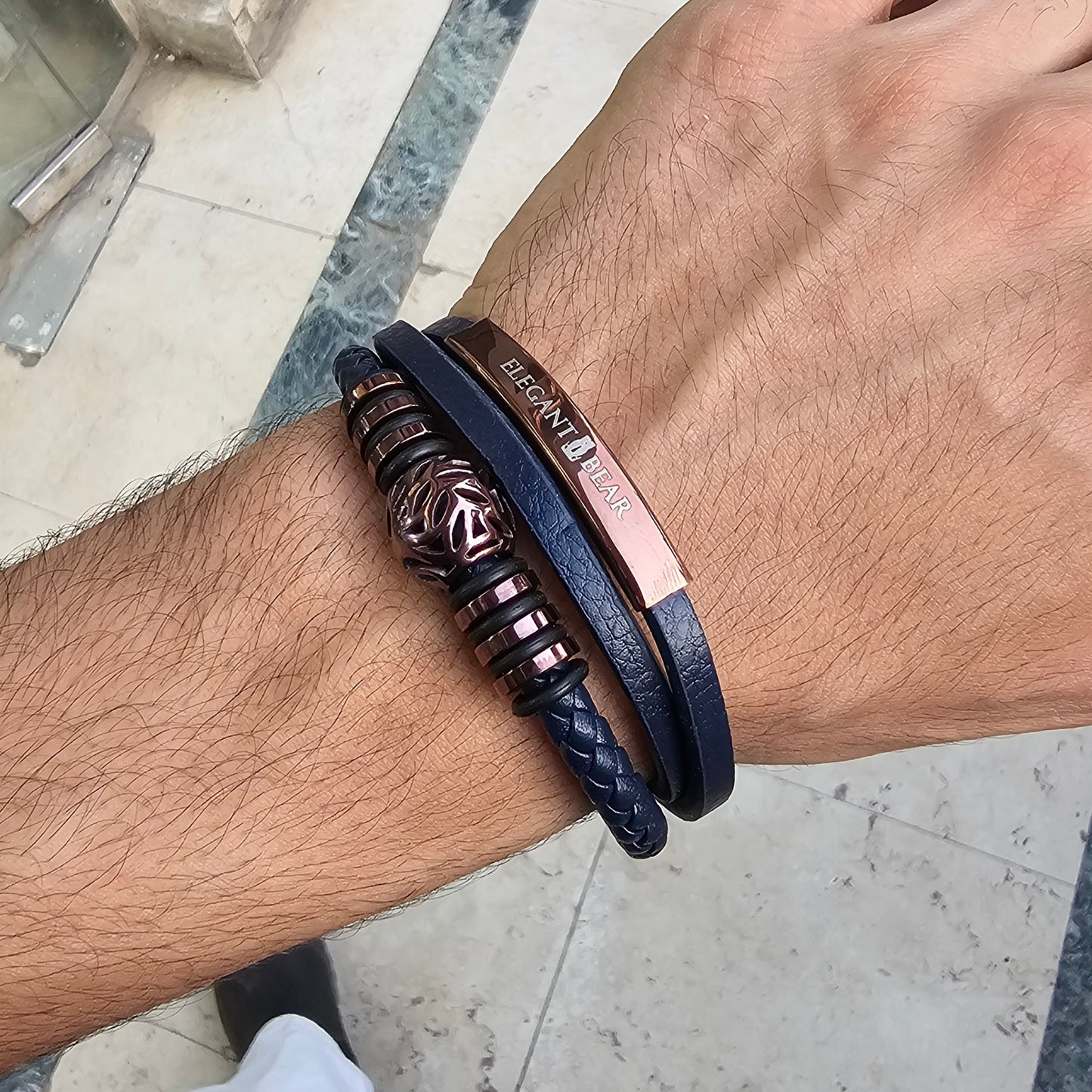 Autumn Ball Blue Genuine Leather Brown Stainless Steel Bracelet  L1229