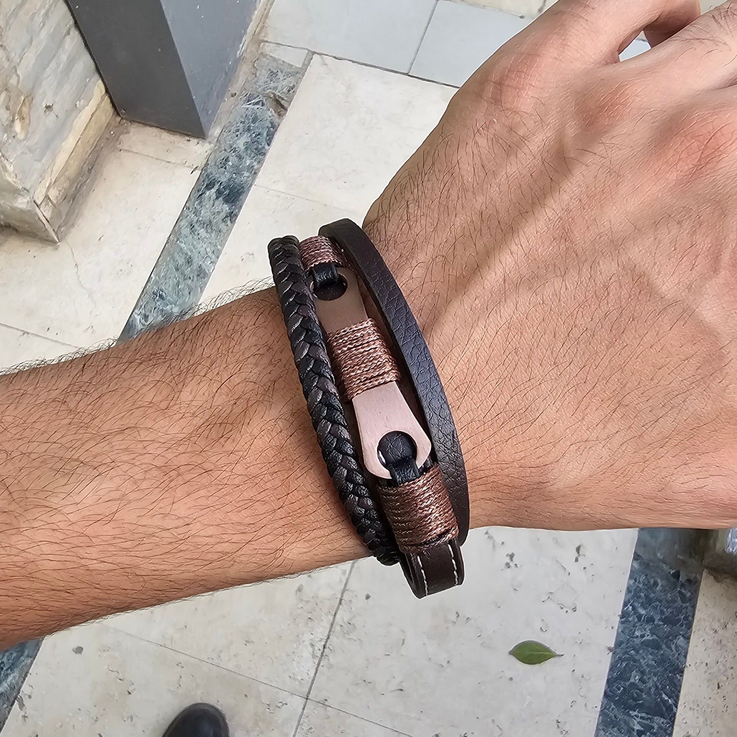 Mechanical Design Black Genuine Leather Brown Stainless Steel Bracelet L1238