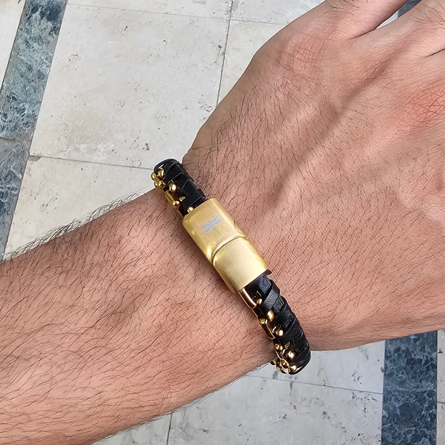 Half Cuban Chain Black Genuine Leather Gold Stainless Steel Bracelet  L1230