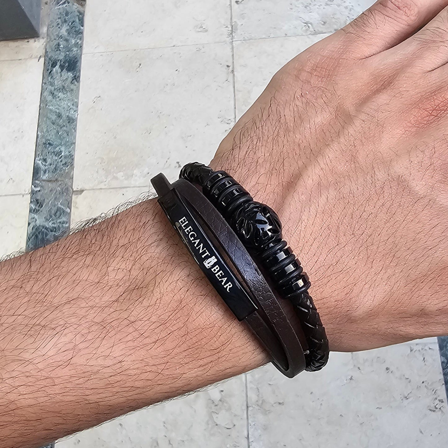 Autumn Ball Brown Genuine Leather Black Stainless Steel Bracelet  L1223