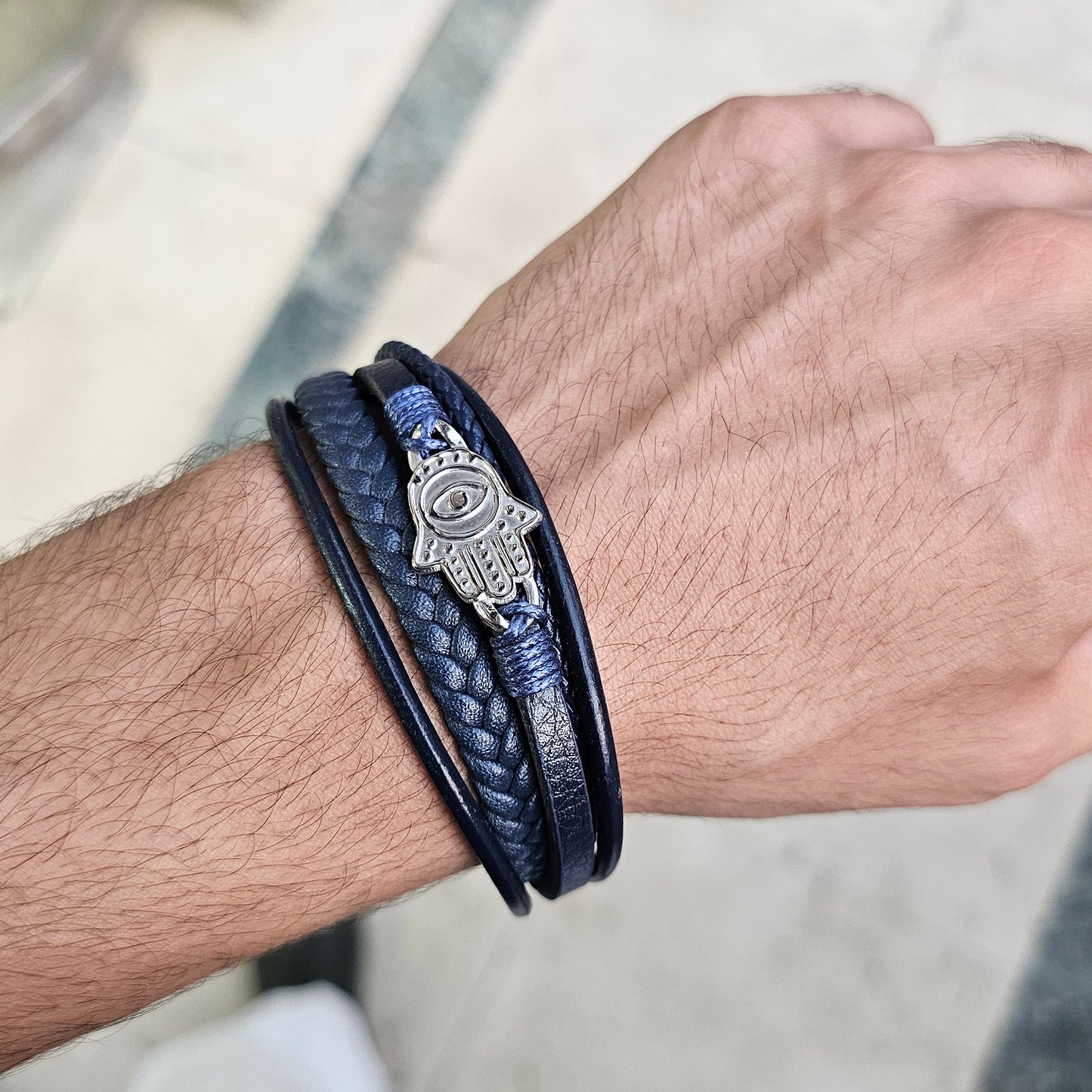 Hamsa Design Blue Genuine Leather Silver Stainless Steel Bracelet L1104