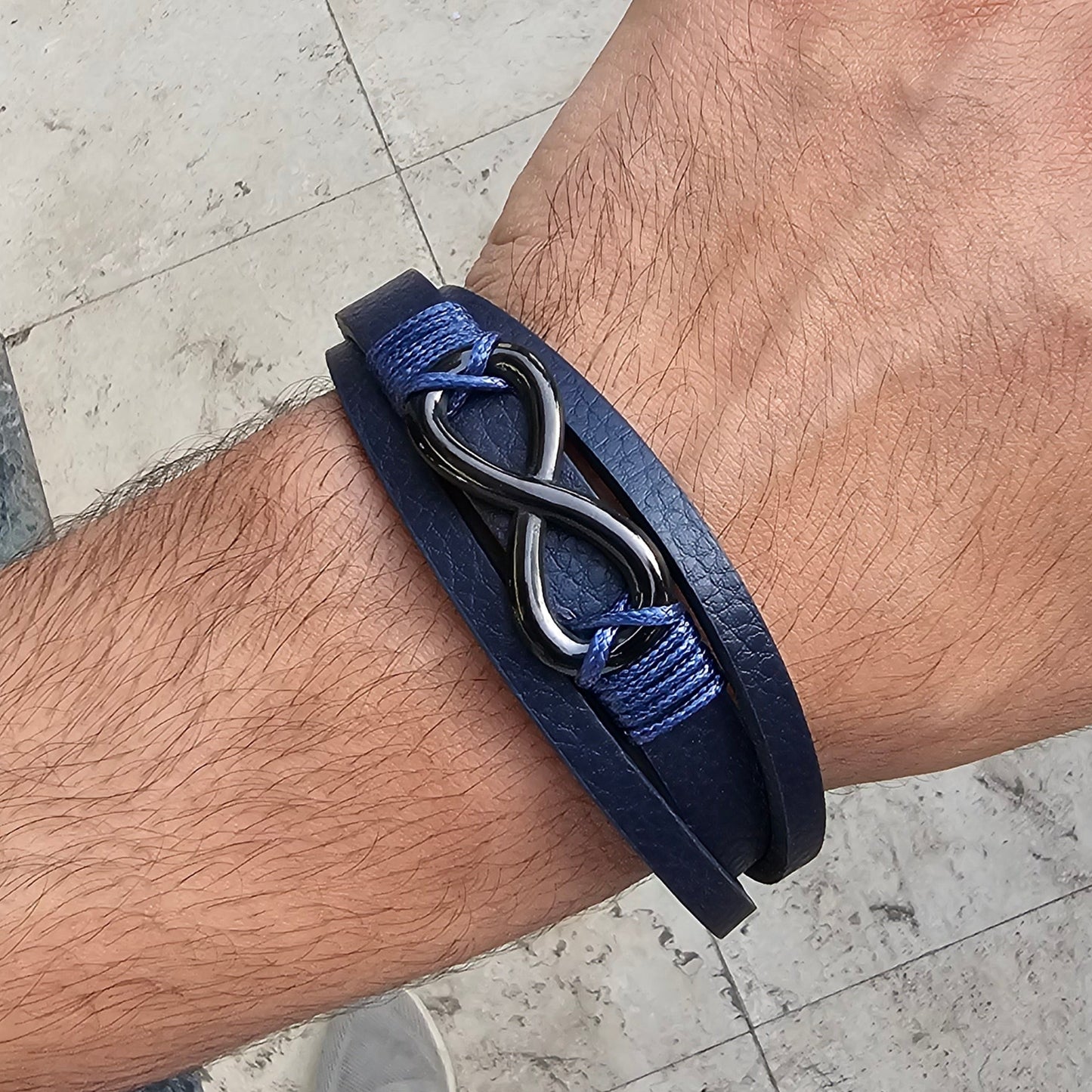 infinity Blue Genuine Leather Black Stainless Steel Bracelet L1200