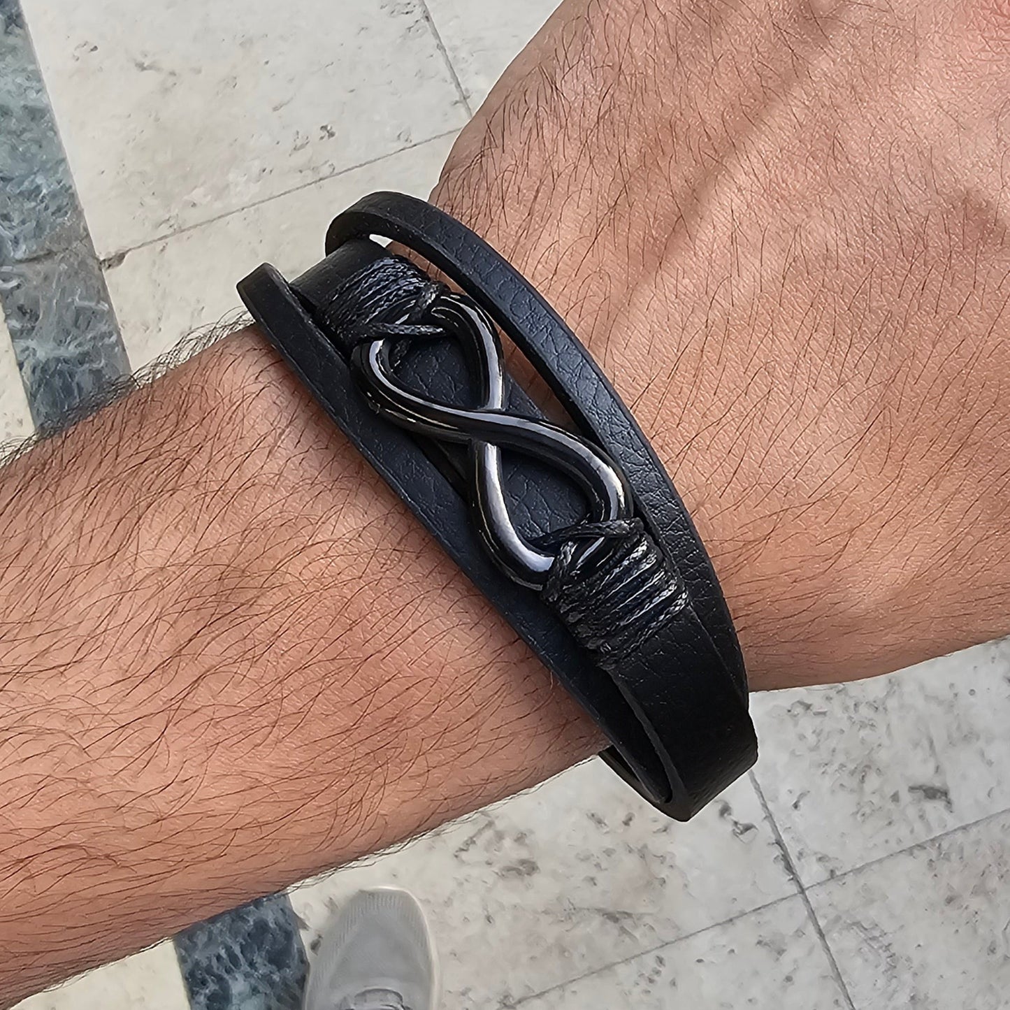 infinity Black Genuine Leather Black Stainless Steel Bracelet L1204