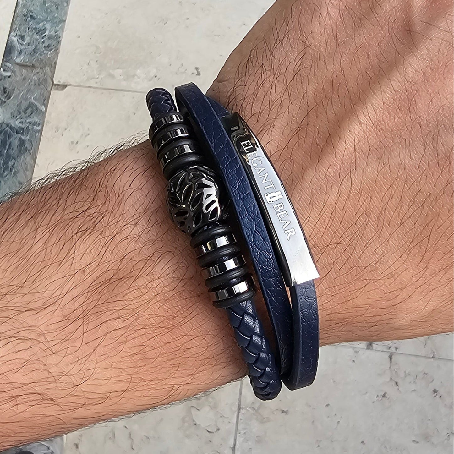 Autumn Ball Blue Genuine Leather Grey Stainless Steel Bracelet L1271