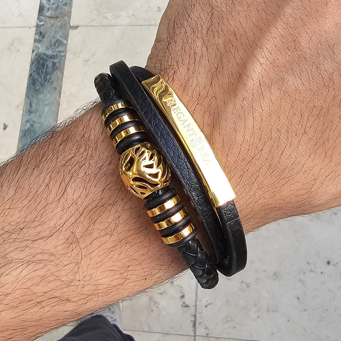 Autumn Ball Black Genuine Leather Gold Stainless Steel Bracelet  L1226
