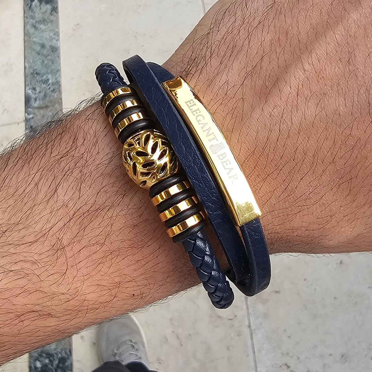 Autumn Ball Blue Genuine Leather Gold Stainless Steel Bracelet  L1225