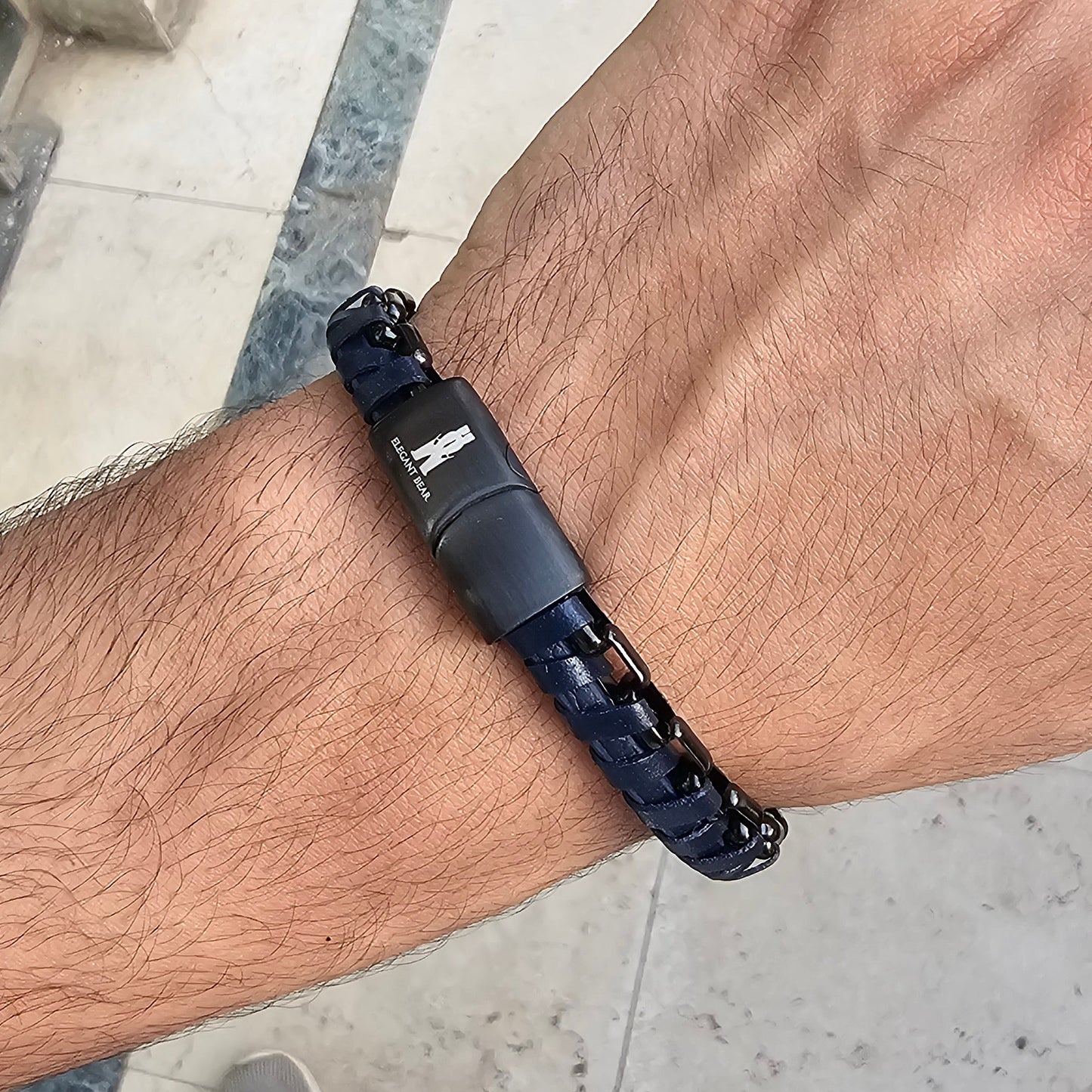 Blue Half Cuban Chain Genuine Leather Black Stainless Steel Bracelet L1211