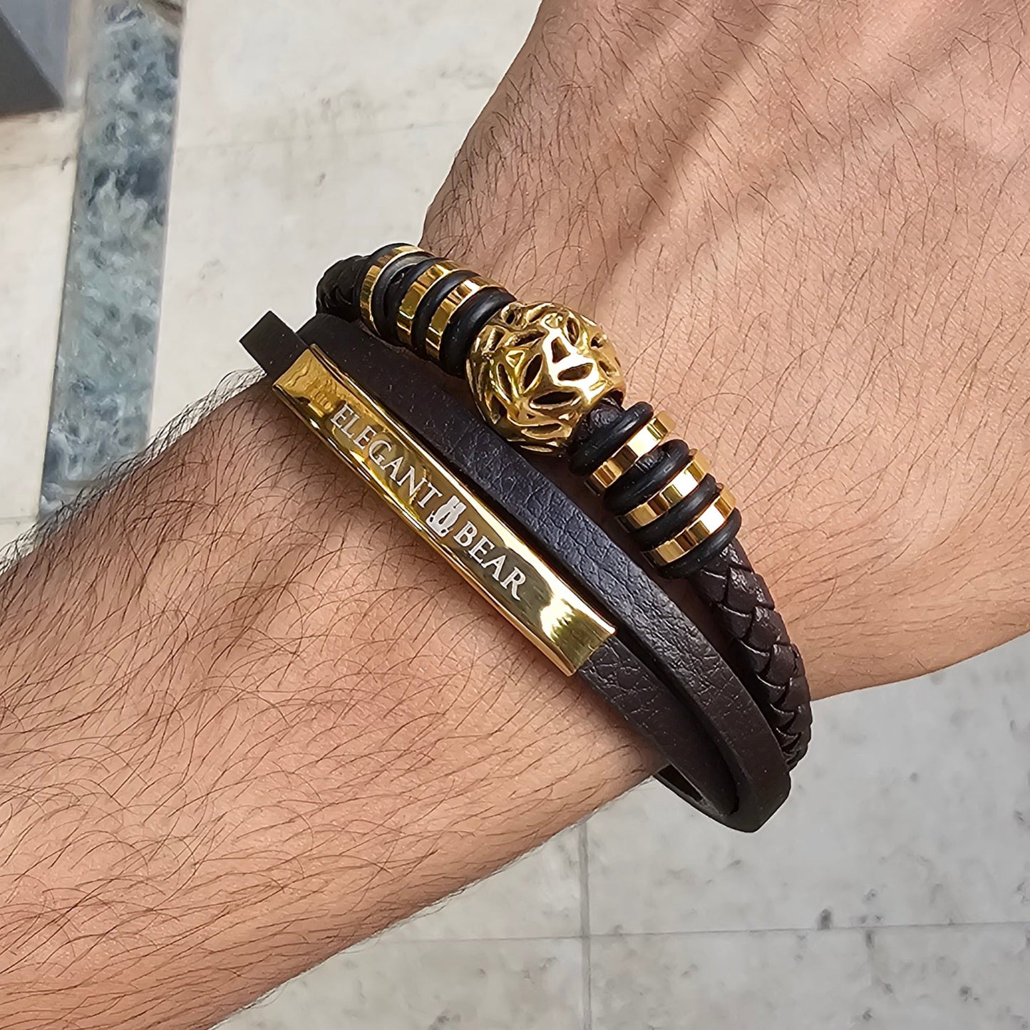 Autumn Ball Brown Genuine Leather Gold Stainless Steel Bracelet L1224