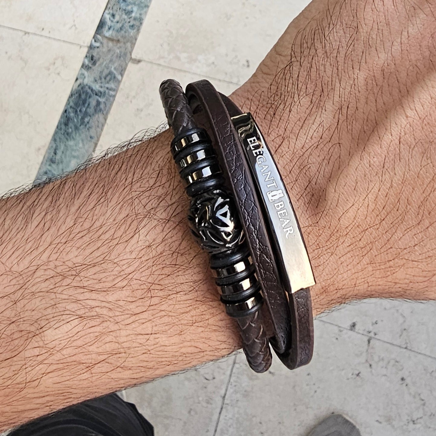 Autumn Ball Brown Genuine Leather Grey Stainless Steel Bracelet L1269