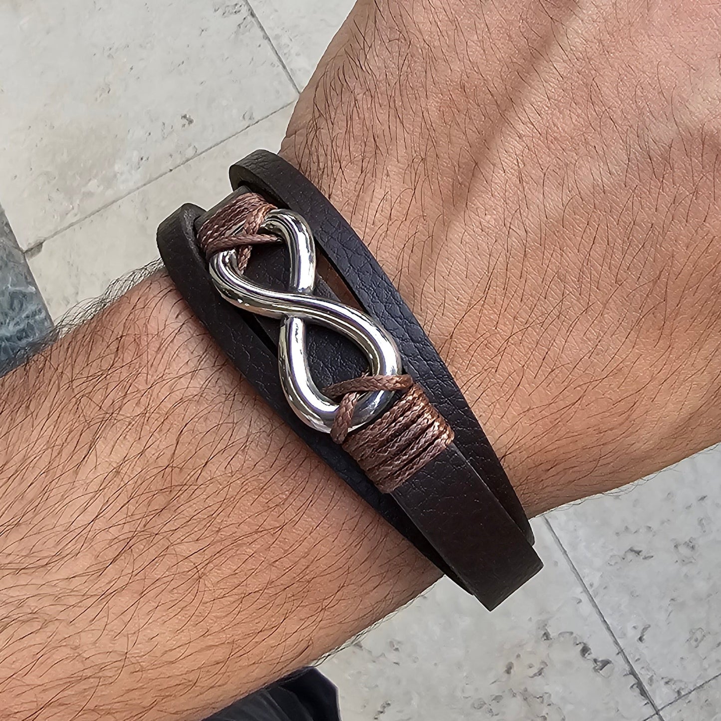 infinity Brown Genuine Leather Silver Stainless Steel Bracelet L1203