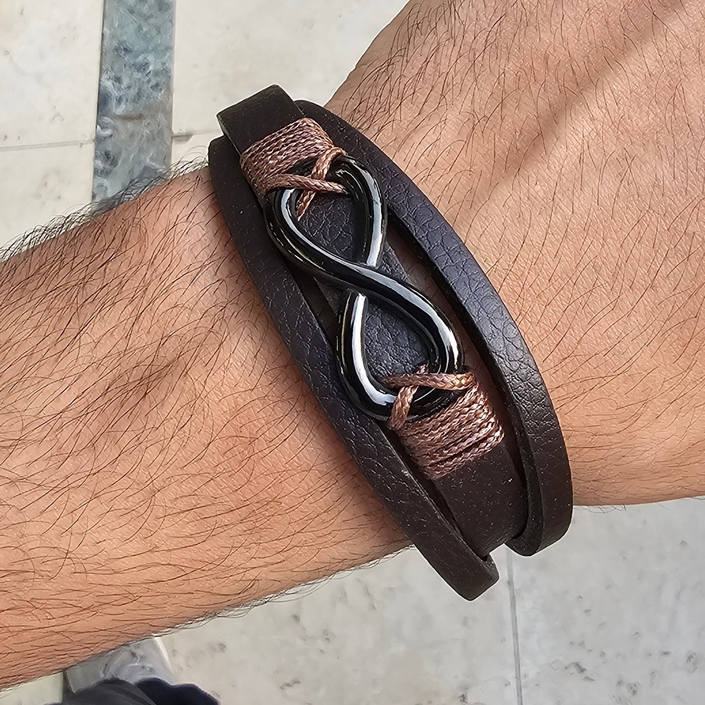 infinity Brown Genuine Leather Black Stainless Steel Bracelet L1202