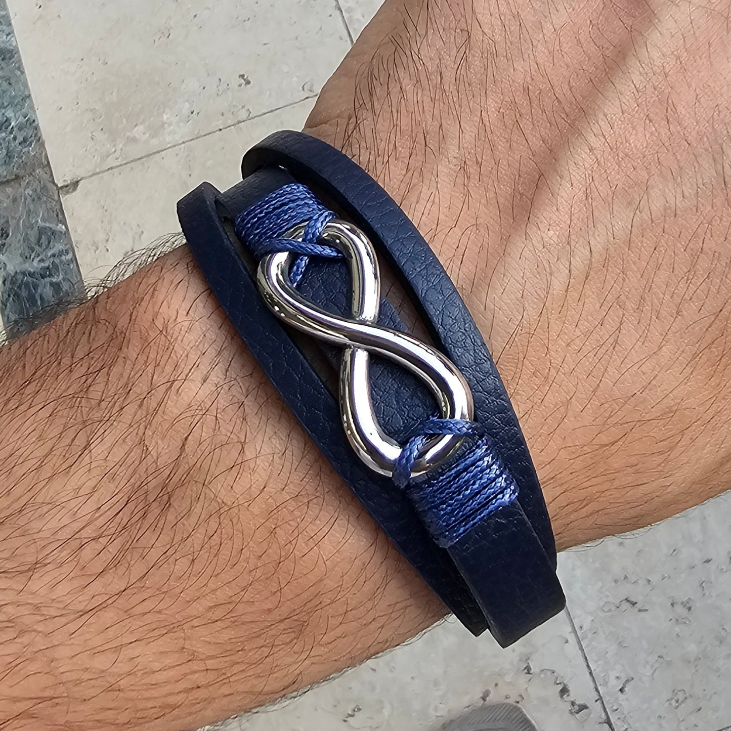 infinity Blue Genuine Leather Silver Stainless Steel Bracelet L1201
