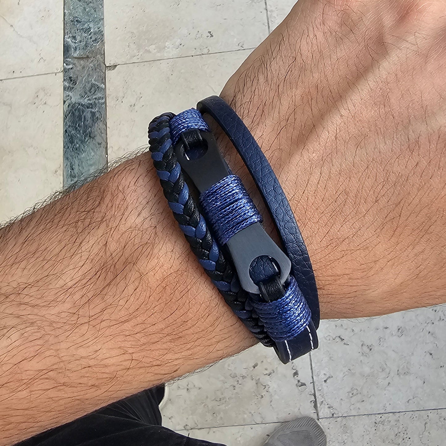 Mechanical Design Blue Genuine Leather Black Stainless Steel Bracelet L1220