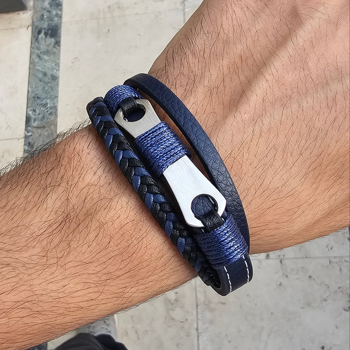Mechanical Design Blue Genuine Leather Silver Stainless Steel Bracelet L1219
