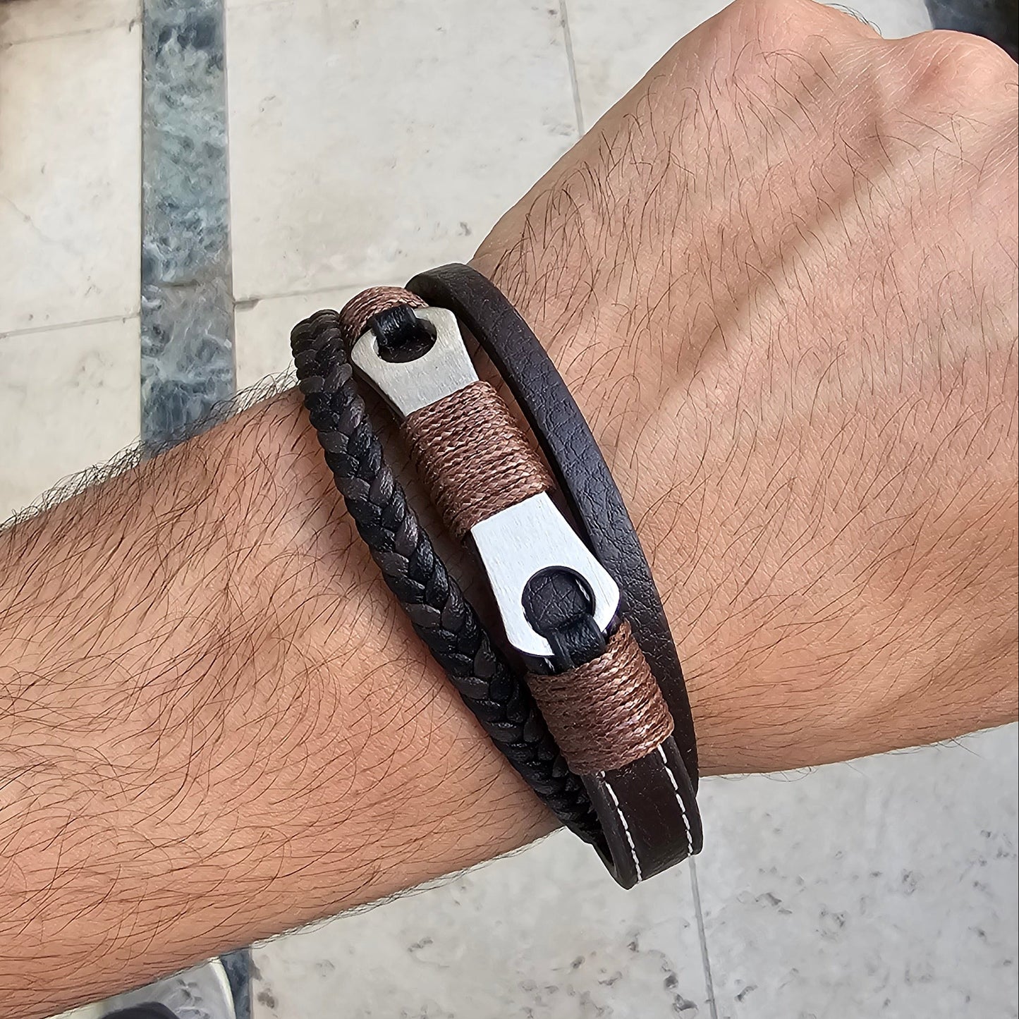 Mechanical Design Brown Genuine Leather Silver Stainless Steel Bracelet L1217