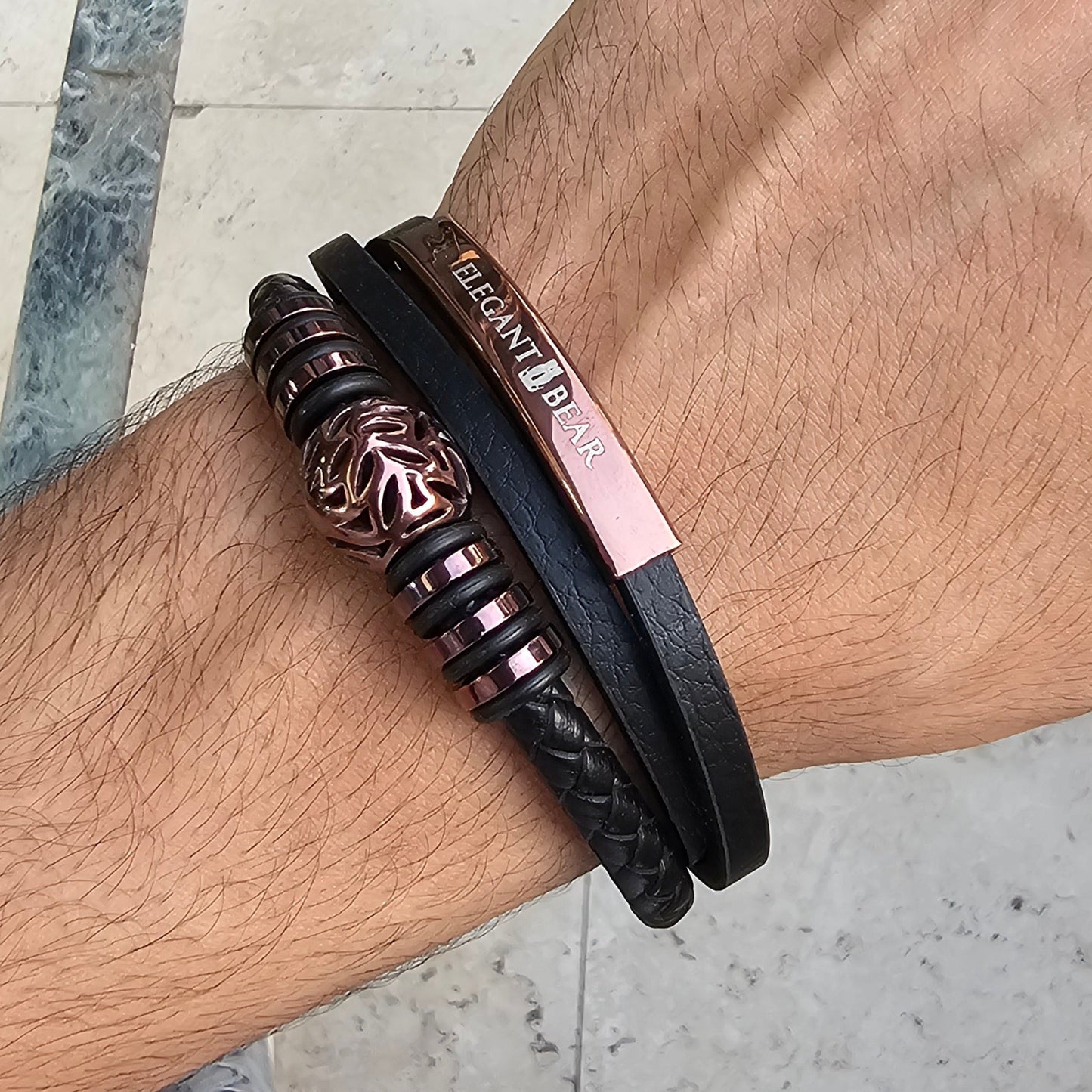 Autumn Ball Black Genuine Leather Brown Stainless Steel Bracelet  L1228