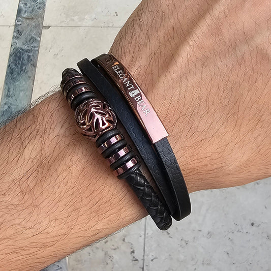 Autumn Ball Black Genuine Leather Brown Stainless Steel Bracelet  L1228