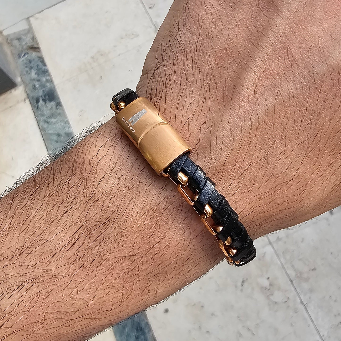 Black Half Cuban Chain Genuine Leather Rose Gold Stainless Steel Bracelet L1213