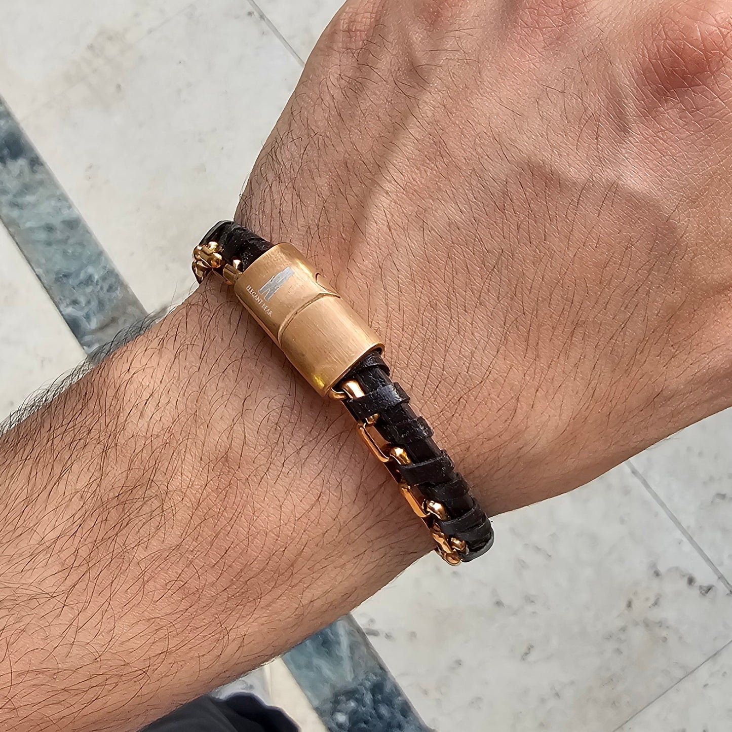 Brown Half Cuban Chain Genuine Leather Rose Gold Stainless Steel Bracelet L1212