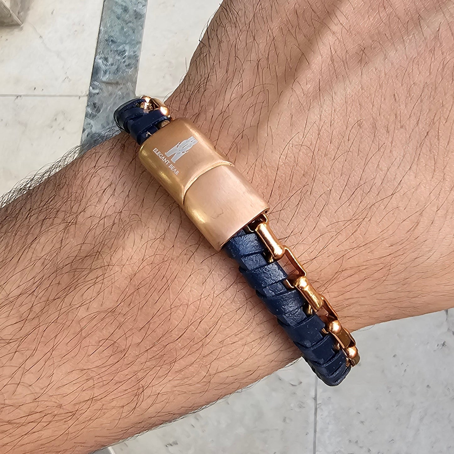 Blue Half Cuban Chain Genuine Leather Rose Gold Stainless Steel Bracelet L1214