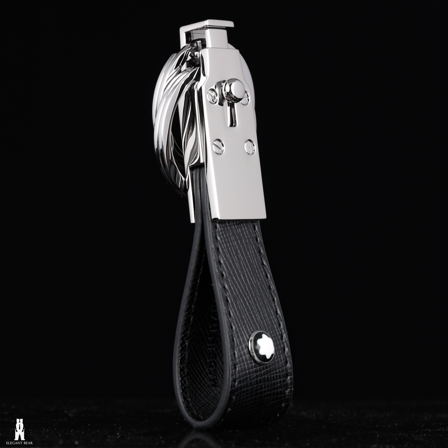 MONT BLANC Black Natural Leather & Stainless Steel Keychain K3