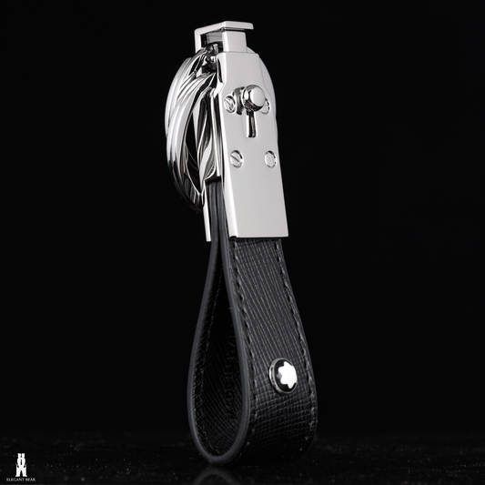 MONT BLANC Black Natural Leather & Stainless Steel Keychain K3