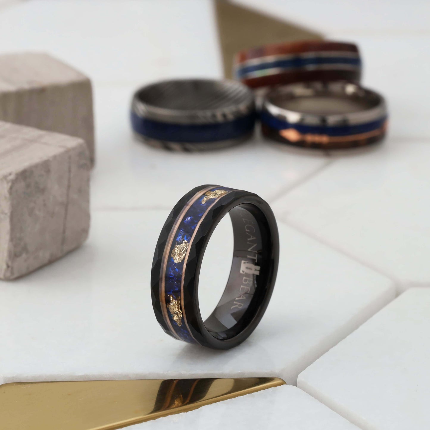 Tungsten Ring with Opal Stone & Gold Leaf Inlay - Elegant Design - 8mm - A321