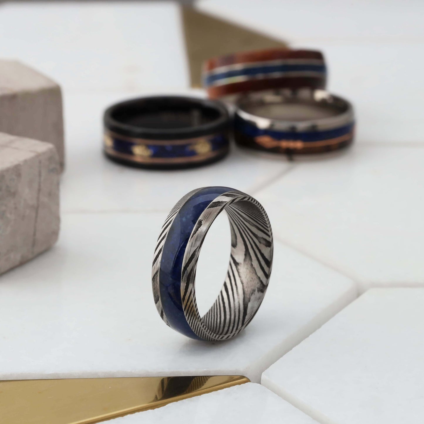 Damascus Steel Ring with Natural Lapis Lazuli Stone - 8mm - A323