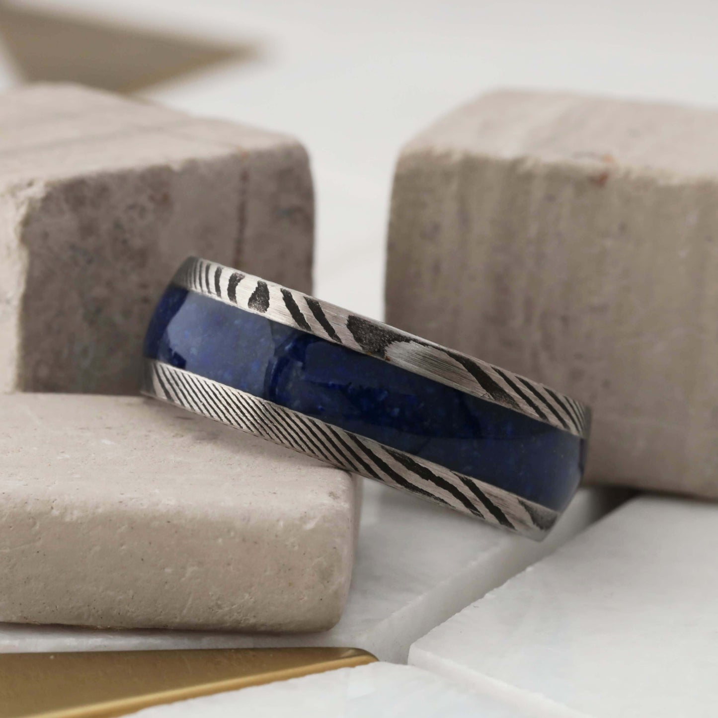 Damascus Steel Ring with Natural Lapis Lazuli Stone - 8mm - A323