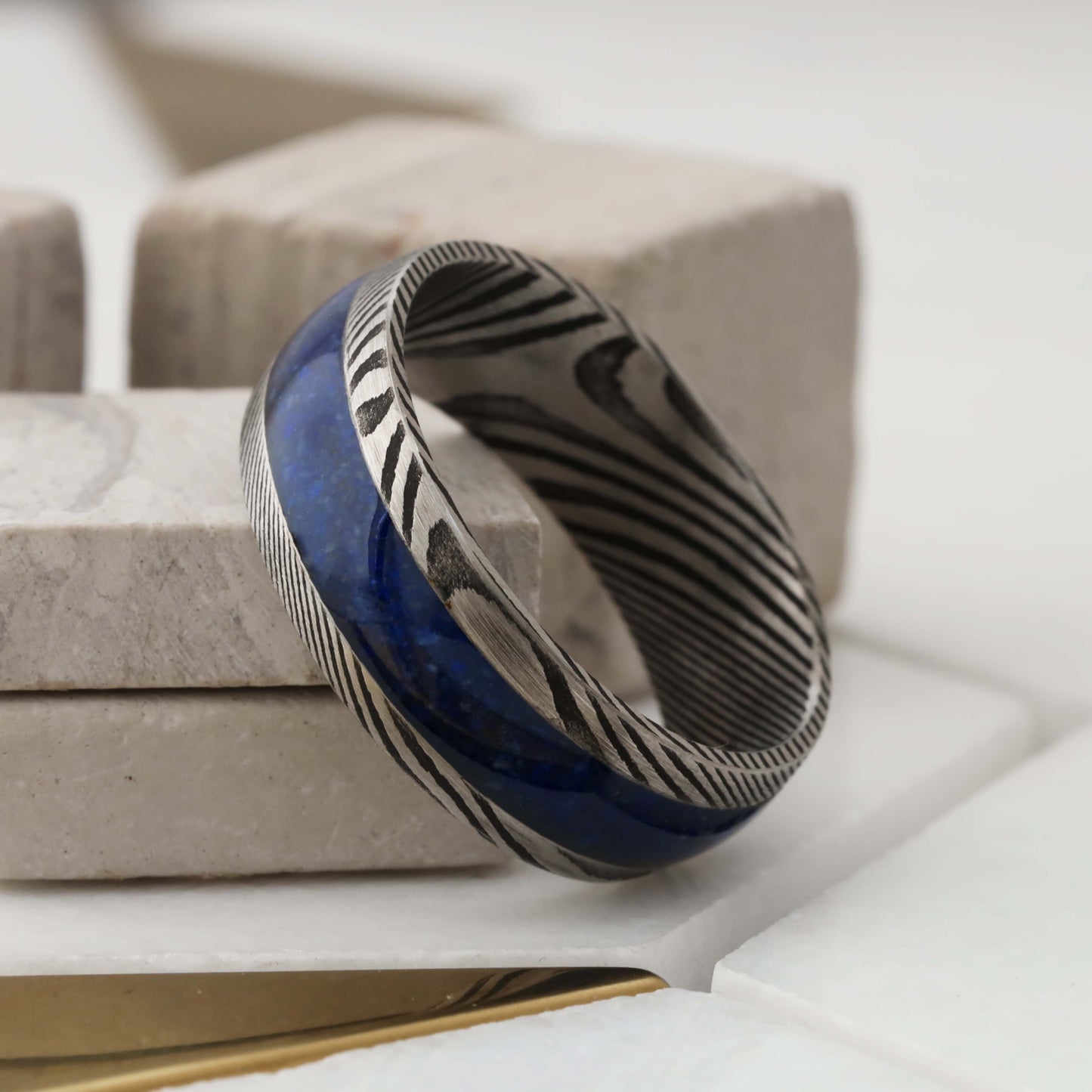 Damascus Steel Ring with Natural Lapis Lazuli Stone - 8mm - A323