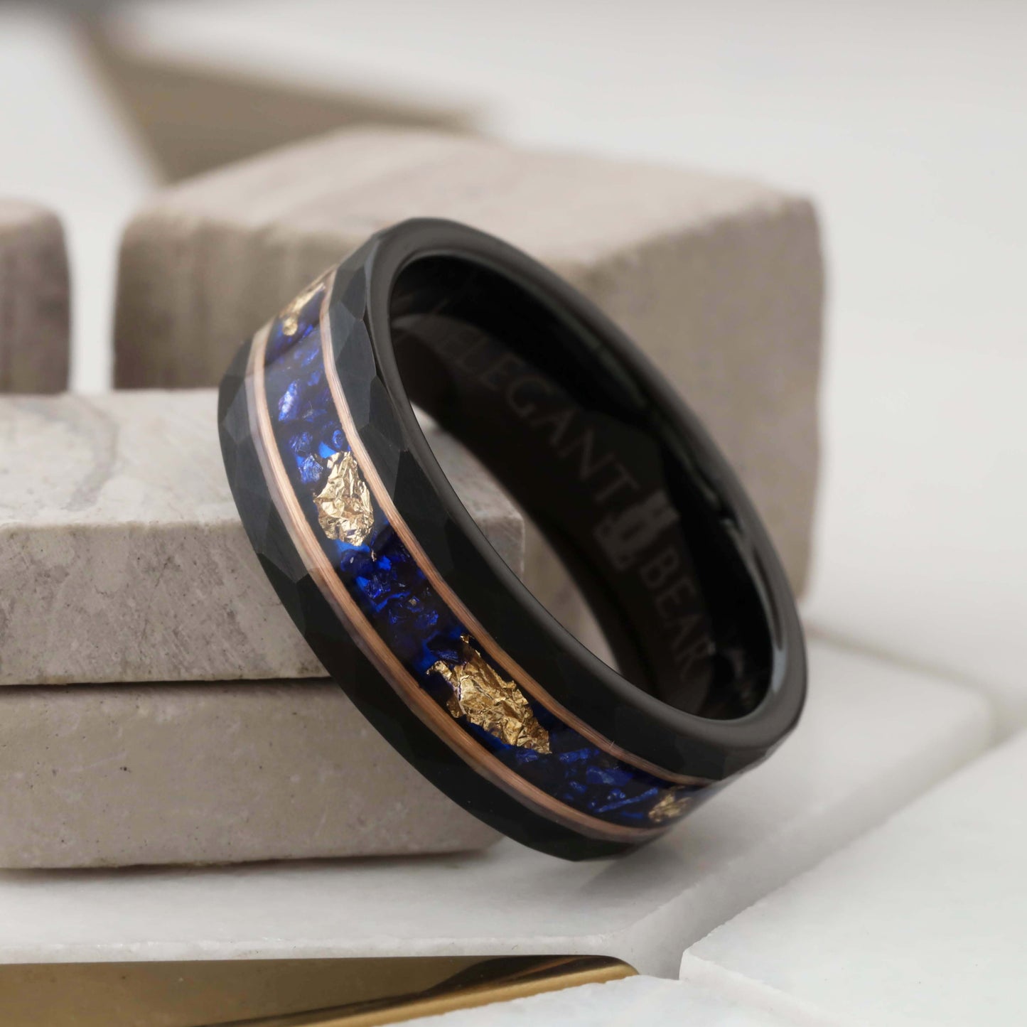 Tungsten Ring with Opal Stone & Gold Leaf Inlay - Elegant Design - 8mm - A321