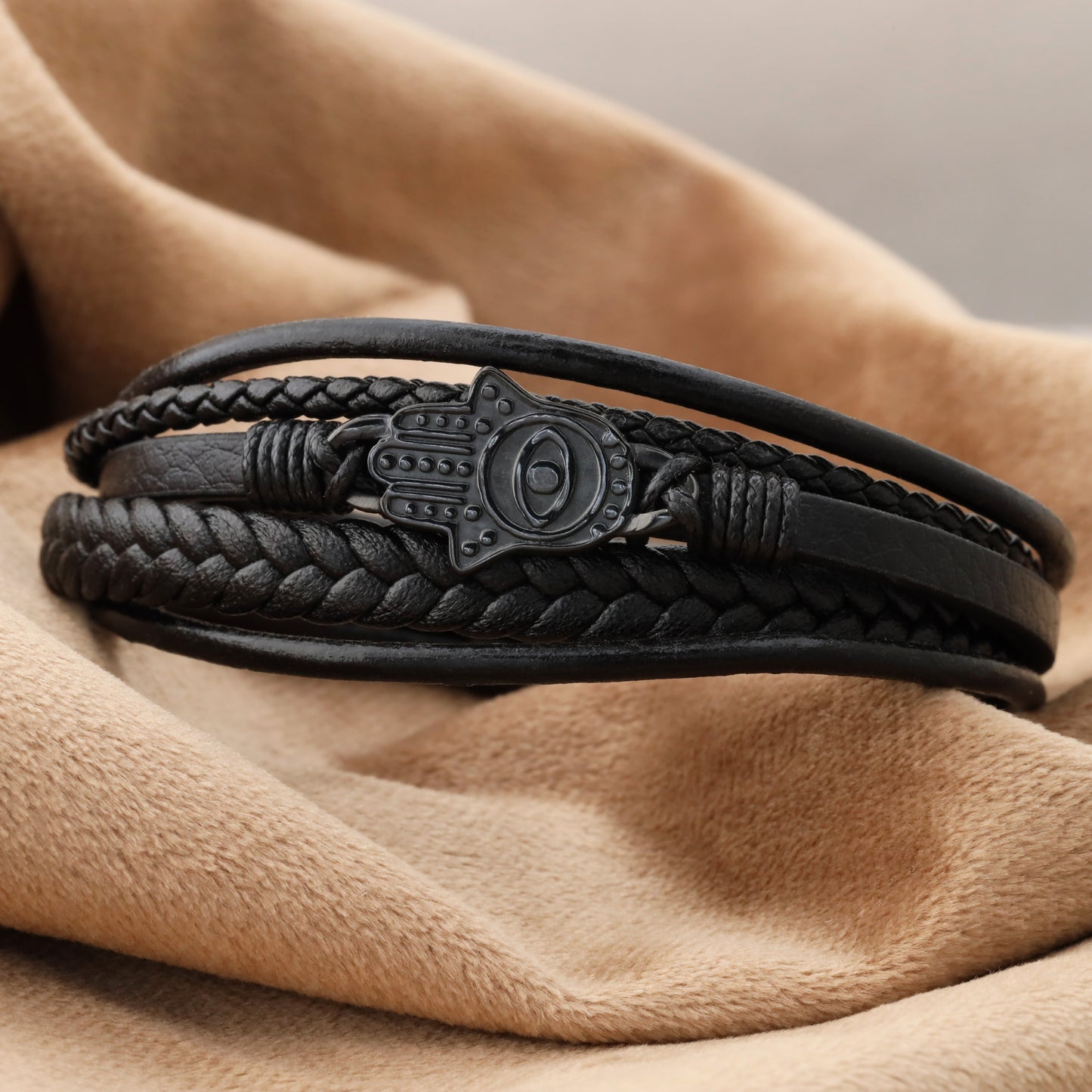 Hamsa Hand Leather Bracelet - Black Stainless Steel Charm - L1153