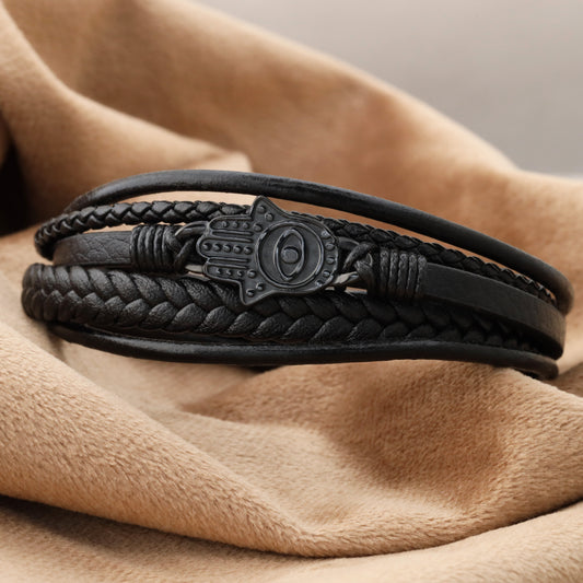 Hamsa Hand Leather Bracelet - Black Stainless Steel Charm - L1153