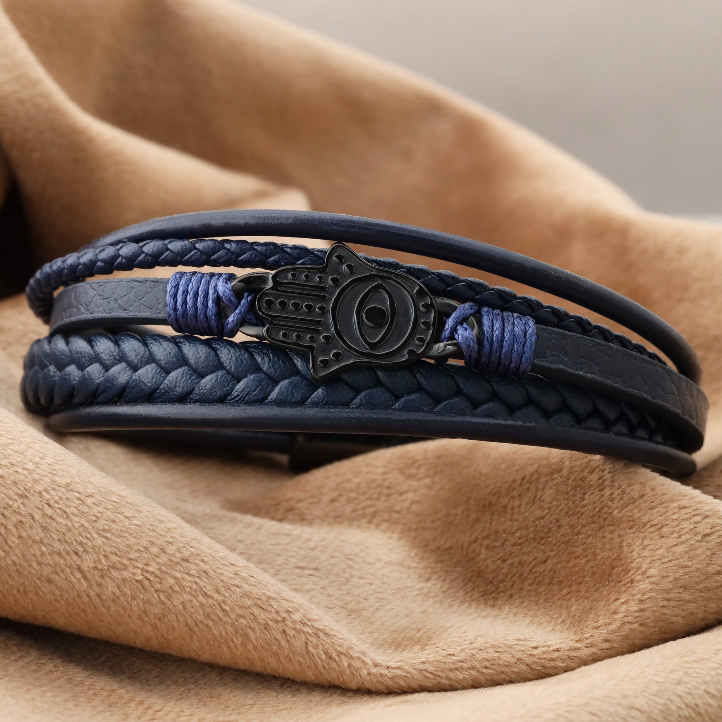 Hamsa Hand Leather Bracelet - Black Stainless Steel Charm - L1153