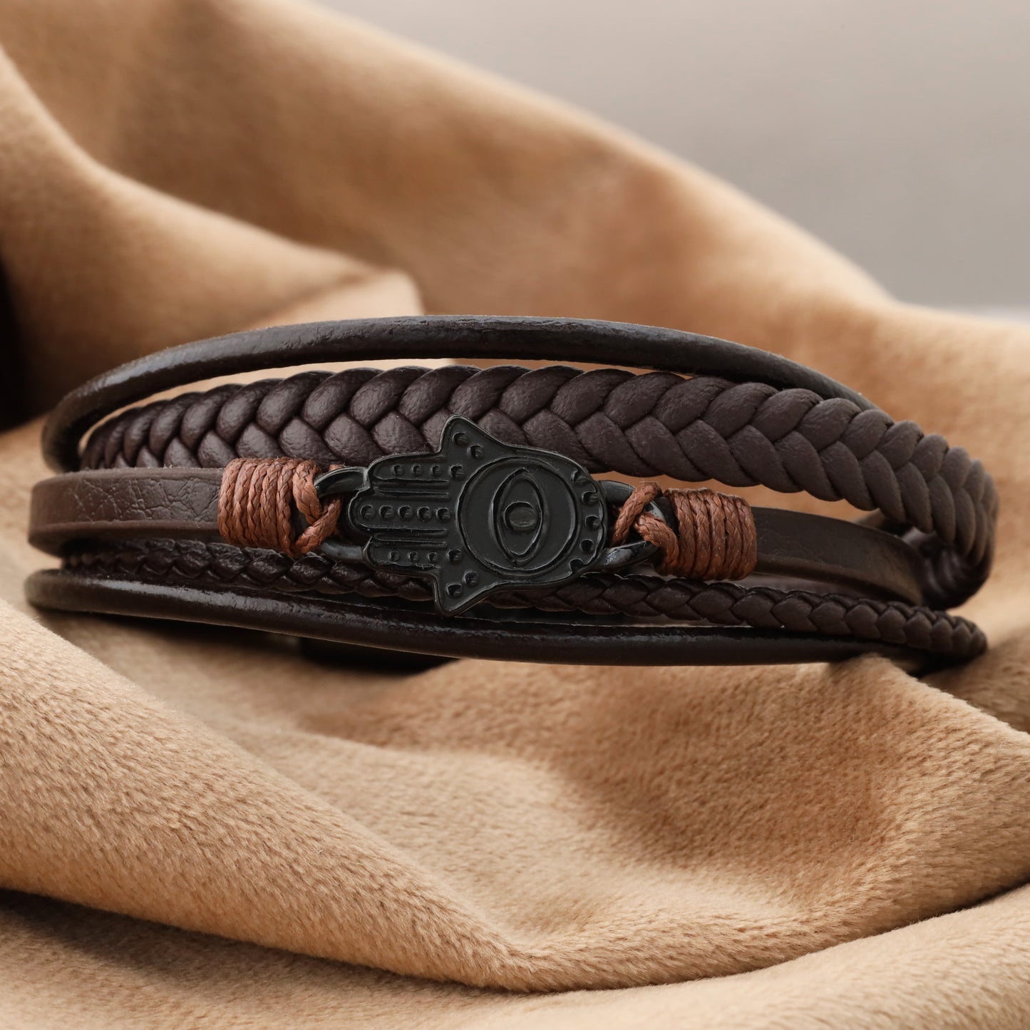 Hamsa Hand Leather Bracelet - Black Stainless Steel Charm - L1153