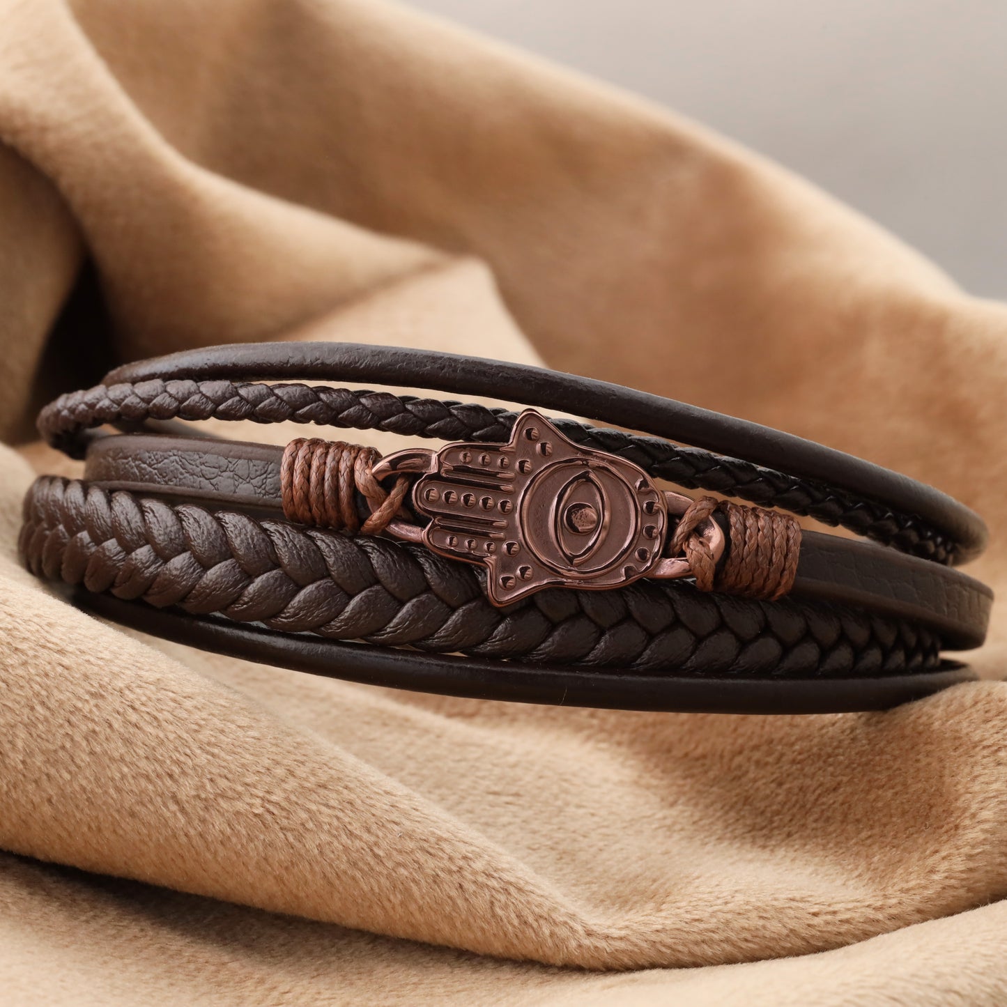 Hamsa Hand Leather Bracelet - Brown Stainless Steel Charm - L1140
