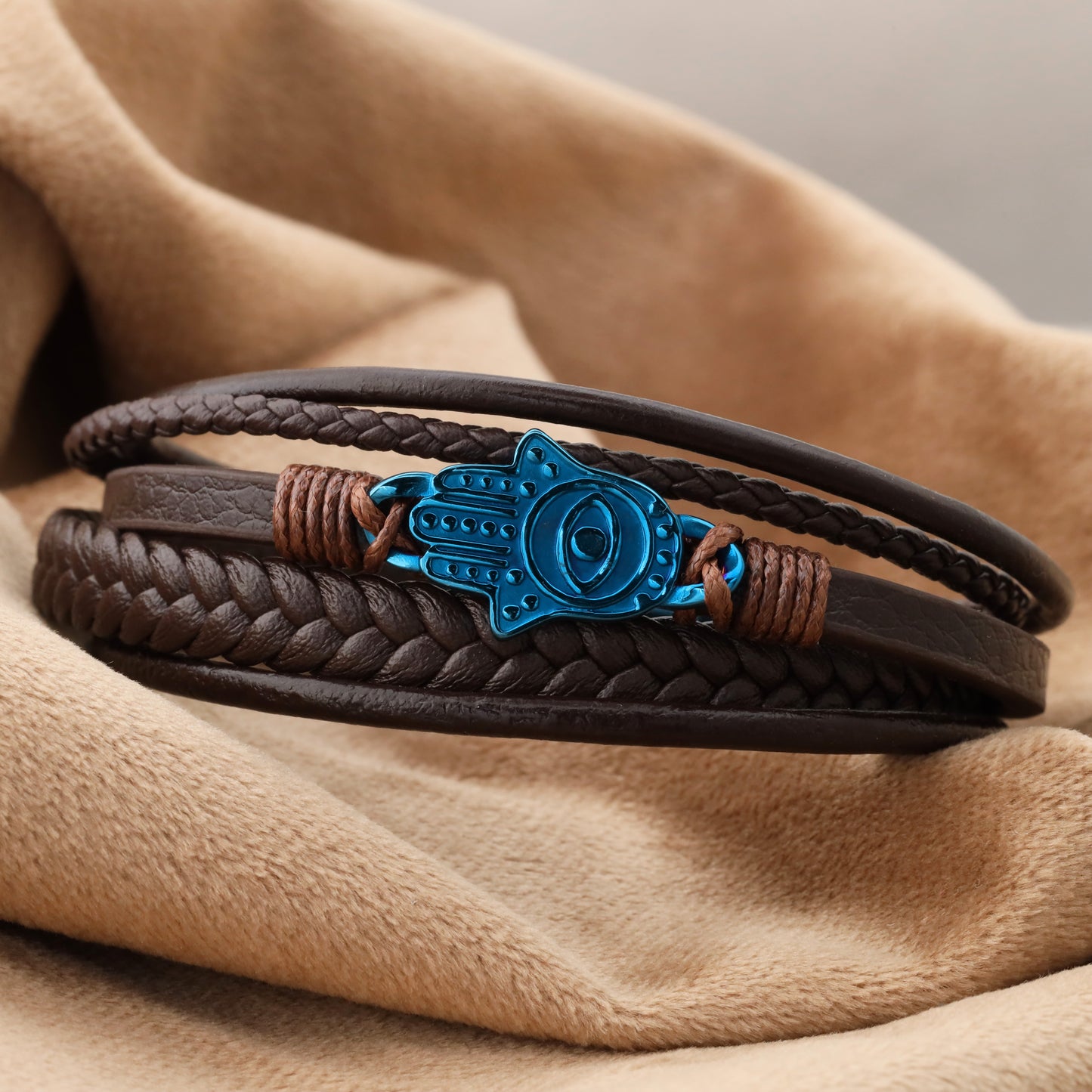 Hamsa Hand Leather Bracelet - Blue Stainless Steel Charm - L1105