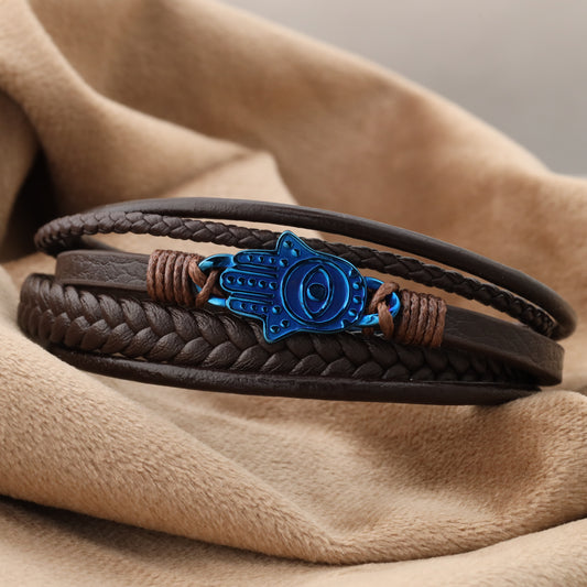 Hamsa Design Brown Genuine Leather Blue Stainless Steel Bracelet  L1108