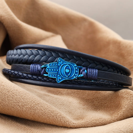 Hamsa Design Blue Genuine Leather Blue Stainless Steel Bracelet  L1137