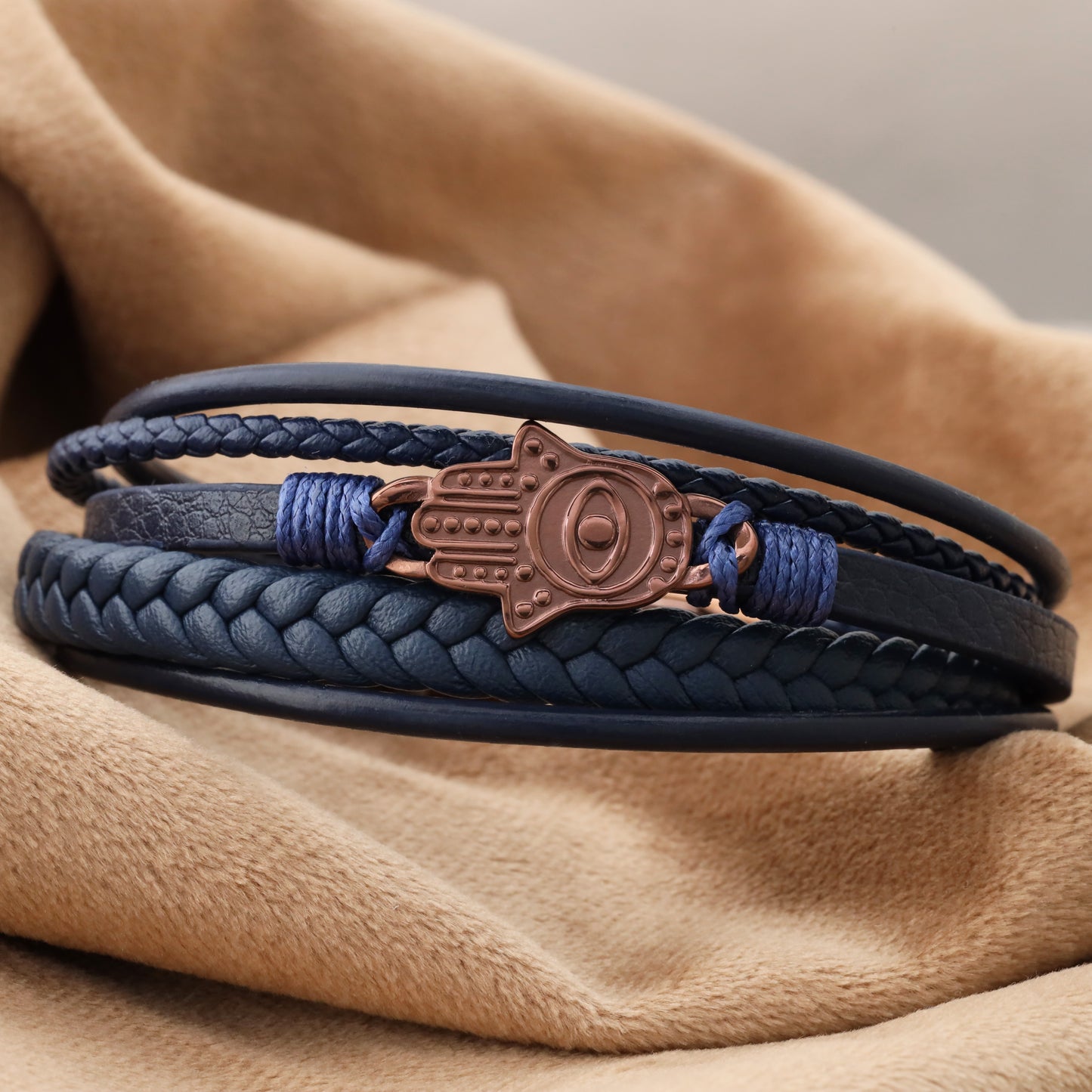 Hamsa Hand Leather Bracelet - Brown Stainless Steel Charm - L1140