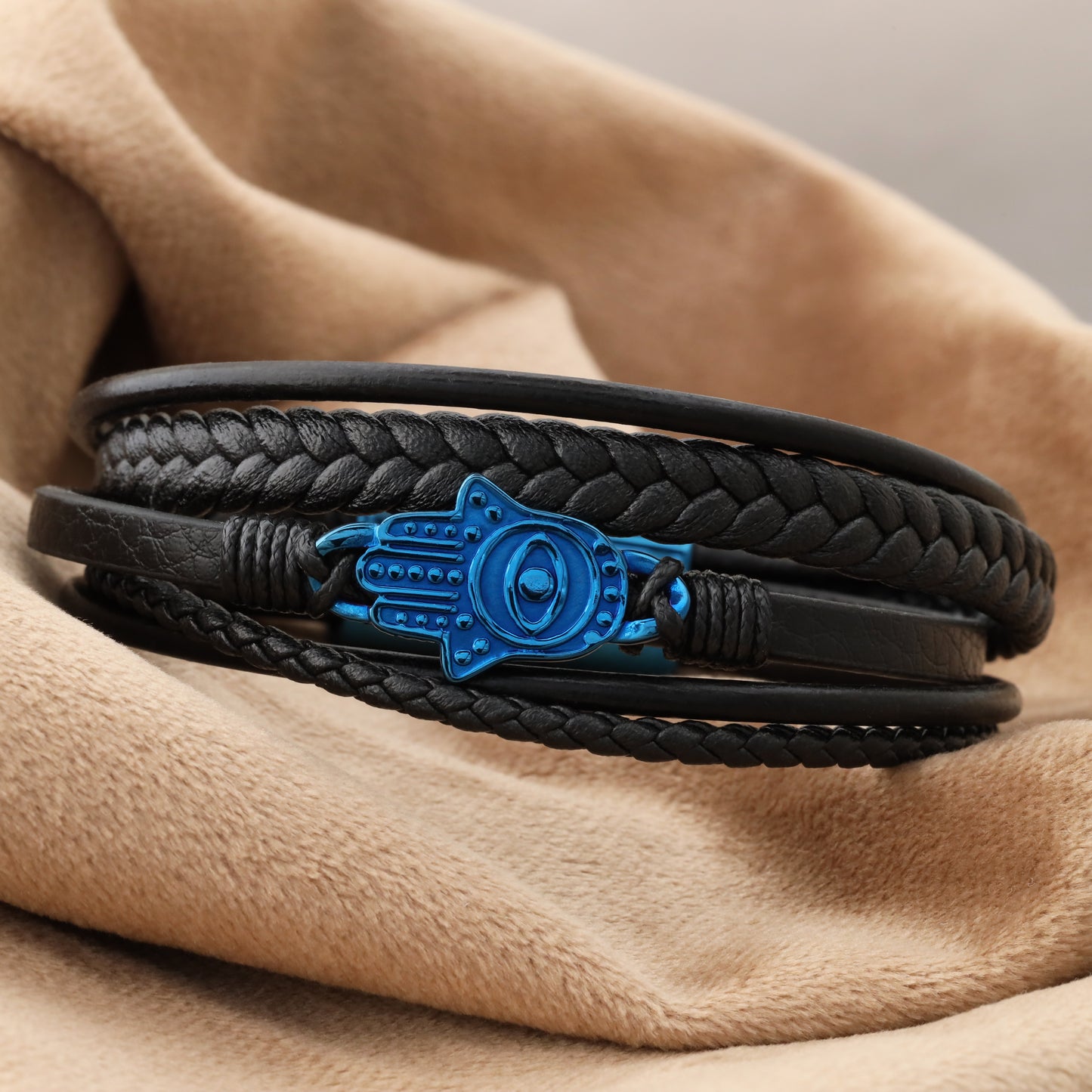 Hamsa Hand Leather Bracelet - Blue Stainless Steel Charm - L1105