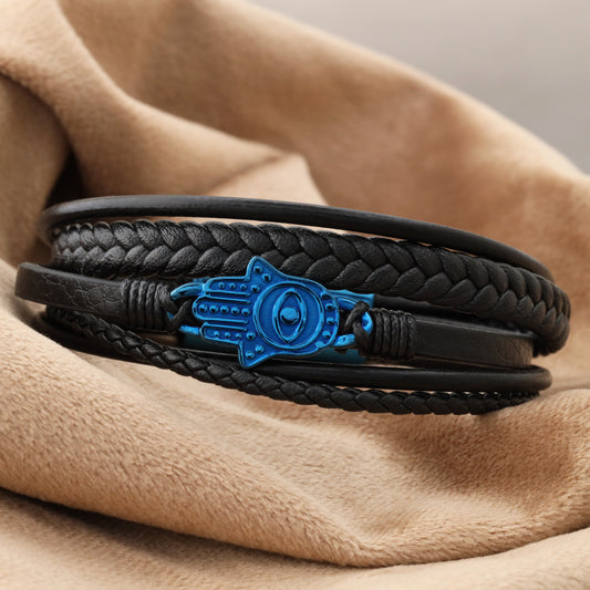 Hamsa Design Black Genuine Leather Blue Stainless Steel Bracelet  L1105