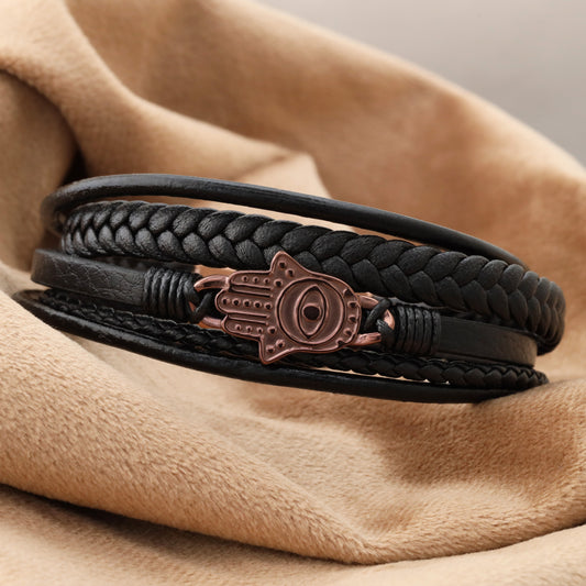 Hamsa Hand Leather Bracelet - Brown Stainless Steel Charm - L1140
