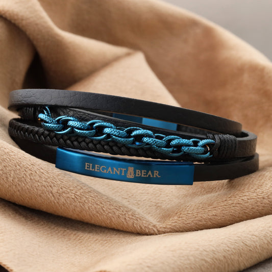 Elegant Bear men's bracelet made of black leather with blue metal chain and shiny blue magnetic closure(L1149)